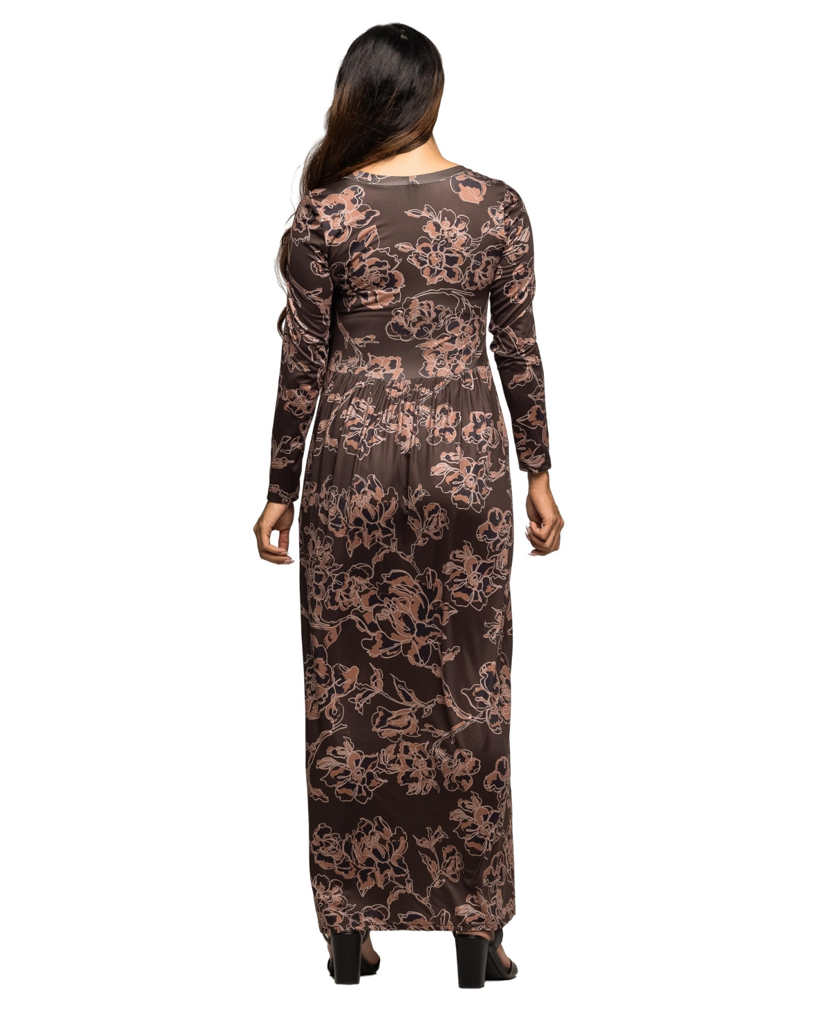 24seven Comfort Apparel Floral Long Sleeve Scoop Neck Maxi Dress In Brown