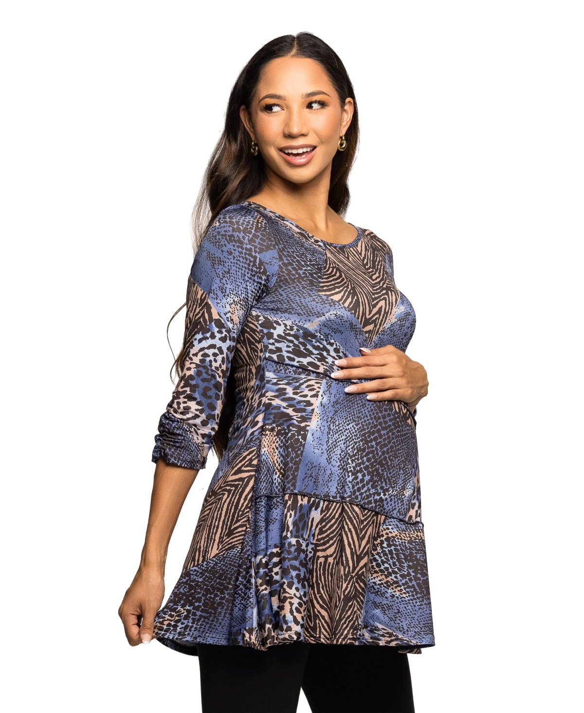 24seven Comfort Apparel Three Quarter Sleeve Tunic Top Animal Print In Blue