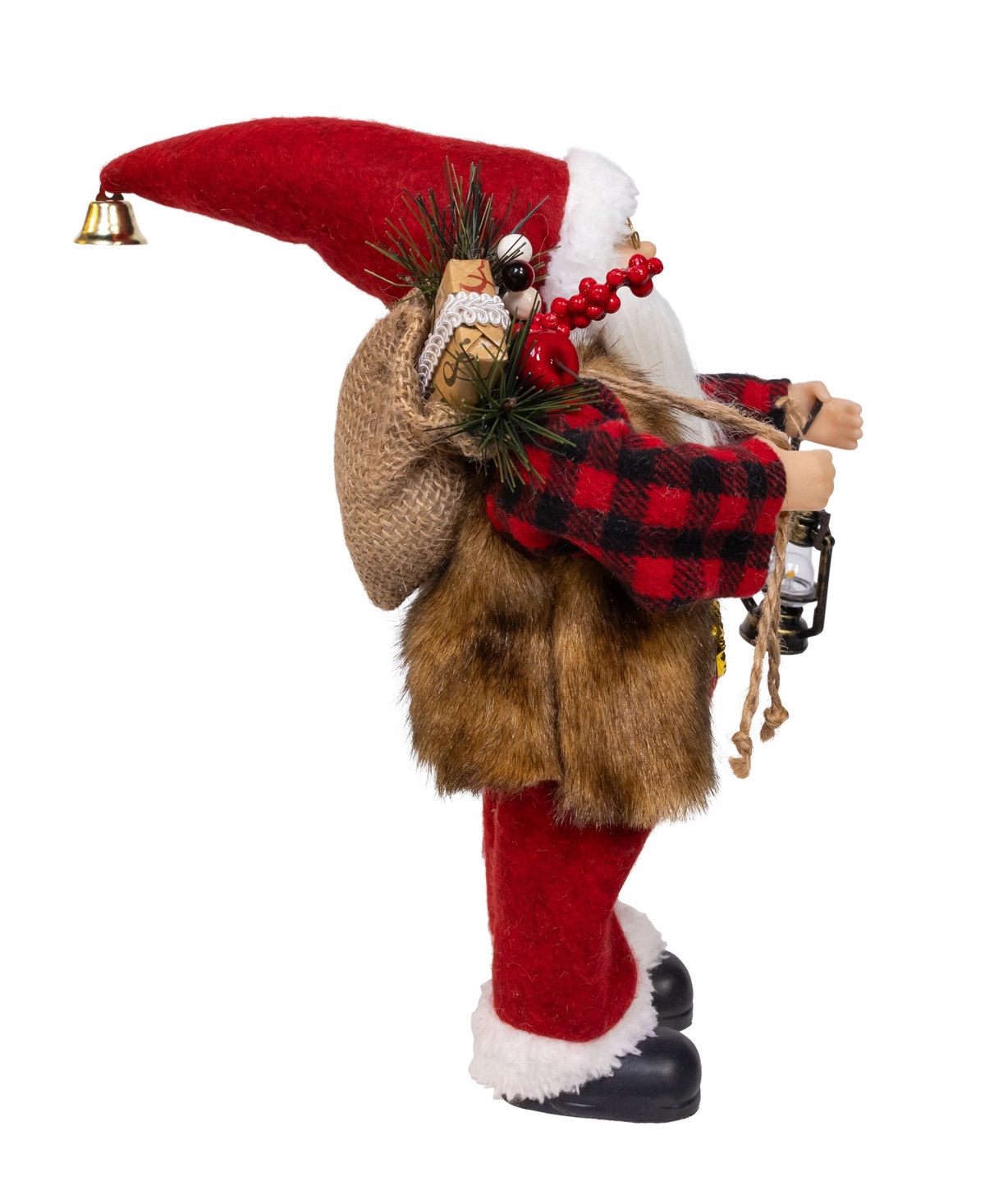 Kurt Adler 12-inch Standing Christmas Santa With Plaid Shirt, Sack And Lantern In Red