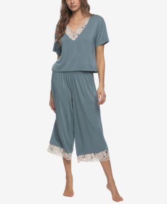 Women's Regular Amelie Jersey Vintage Lace Crop Tee and Wide Leg Pants Set