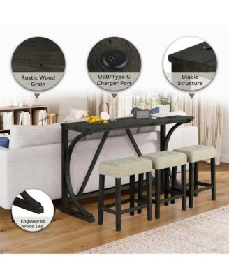 4-Piece Bar Table and Chairs Set Tall Dining Table with Upholstered Bar Stool for Living Room Kitchen