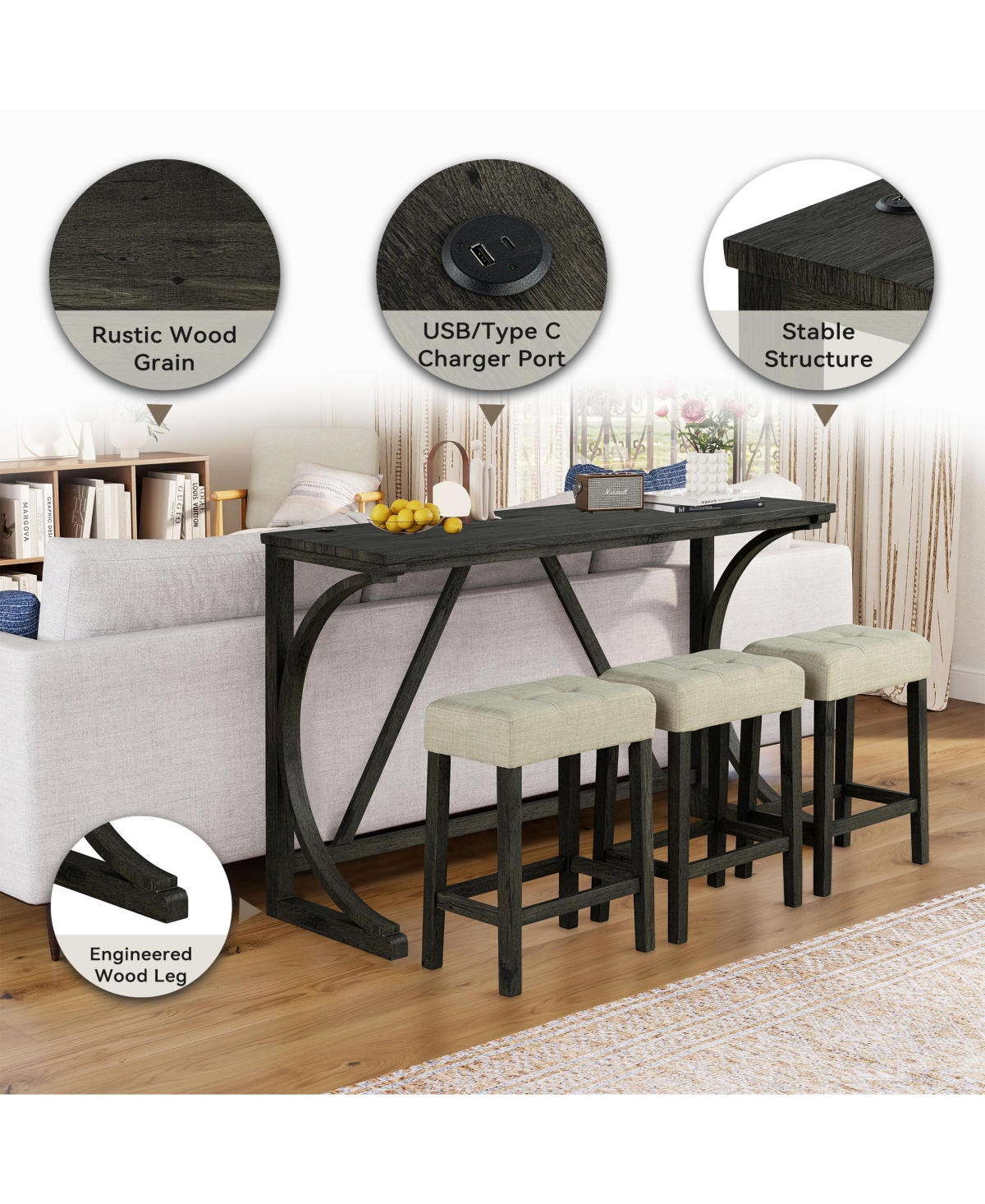 Boyel Living 4-Piece Bar Table and Chairs Set Tall Dining Table with Upholstered Bar Stool for Living Room Kitchen