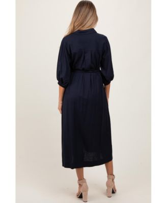 Maternity Navy 3/4 Bubble Sleeve Midi Shirt Dress