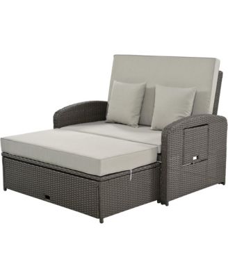 Double Reclining Rattan Chaise Lounge - Gray
