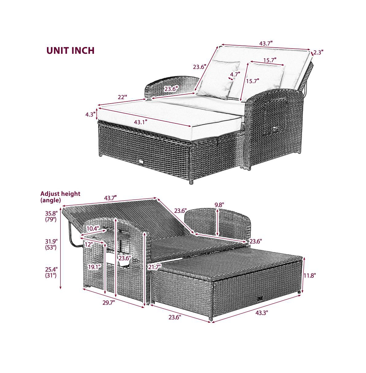 Chic Crate Double Reclining Rattan Chaise Lounge - Gray
