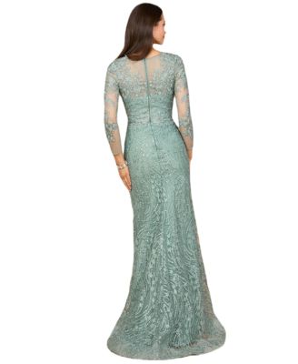 Women's Long Sleeve Gown with Overskirt & Illusion Neckline