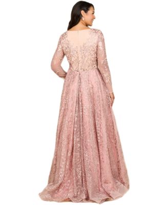 Women's Long Sleeve Gown with Overskirt & Illusion Neckline