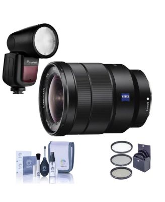 Vario-Tessar T FE 16-35mm f/4 ZA OSS Lens for Sony E, Bundle with Flashpoint Zoom Li-on X R2 TTL On-Camera Round Flash Speedlight, 72mm Filter