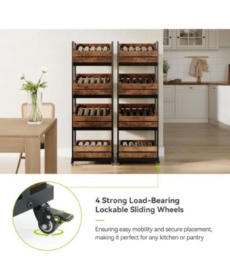 4-Tier Wooden Kitchen Cart with Wheels, Mobile Fruit and Vegetable Storage, Utility Shelf