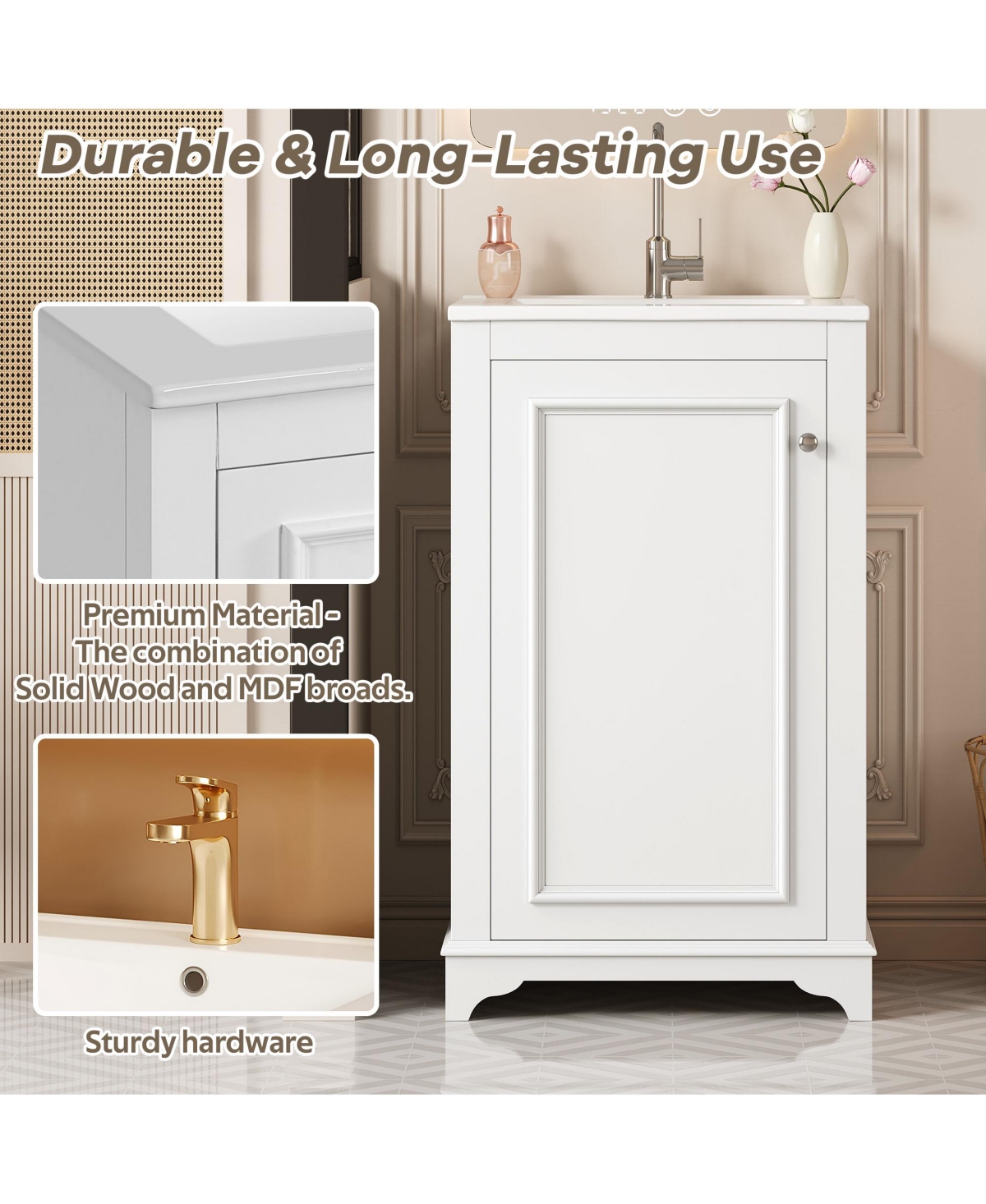 Casainc 20-Inch Bathroom Vanity with Ceramic Sink, Freestanding Single Vanity, Soft-Close Door & Adjustable Shelf