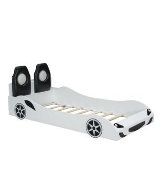 Wood Twin Size Race Car-Shaped Platform Bed with LED and Upholstered Backrest, White