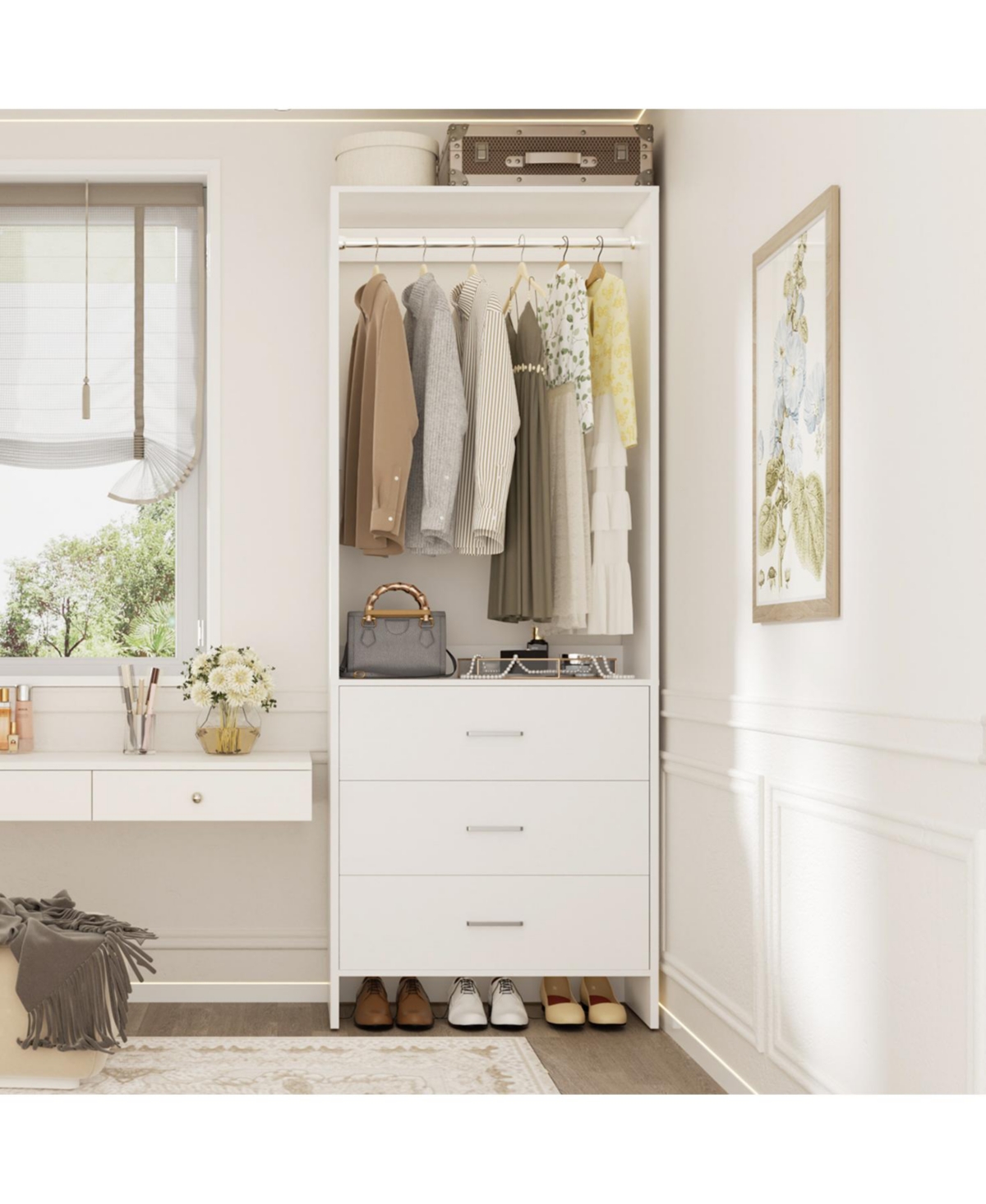 24" Freestanding Closet Organizer System with Hanging Rods and Drawers