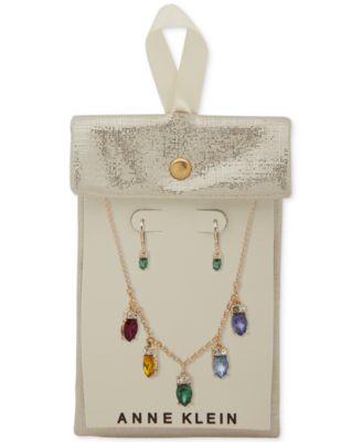 Light Strand Multi-Stone Gold-Tone Frontal Necklace and Earring Set