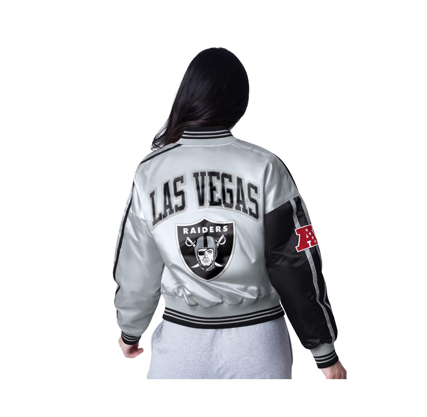 Women's Black/Silver Las Vegas Raiders Zone Blitz Cropped Full-Snap Satin Jacket