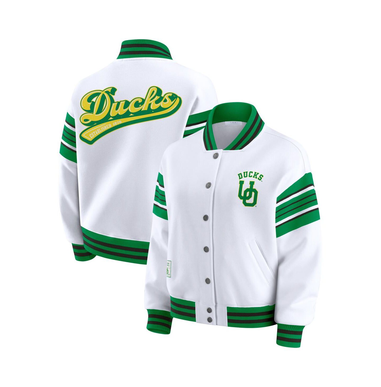 Женская куртка WEAR by Erin Andrews White/Green Oregon Ducks Satin Stitch Full-Snap Fleece Sweatshirt — фото 1