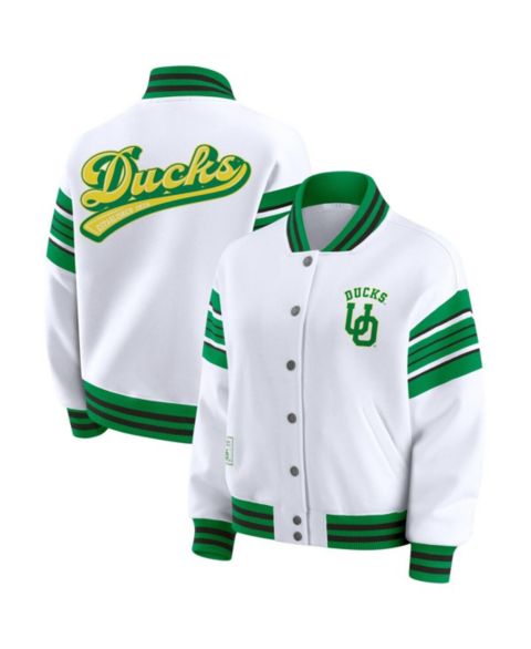 Женские худи WEAR by Erin Andrews Women's White/Green Oregon Ducks Satin Stitch Full-Snap Fleece Sweatshirt Jacket
