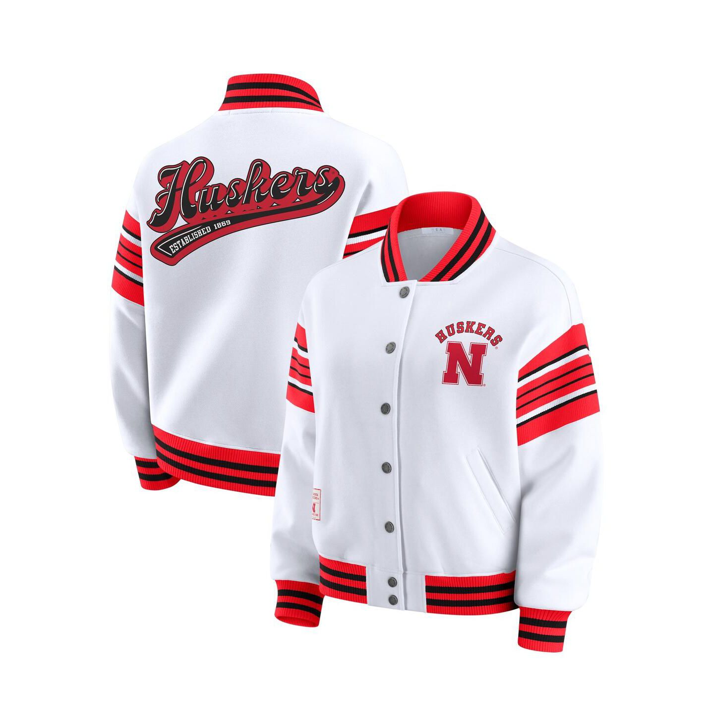Женская куртка WEAR by Erin Andrews White/Scarlet Nebraska Huskers Satin Stitch Full-Snap Fleece Sweatshirt — фото 1