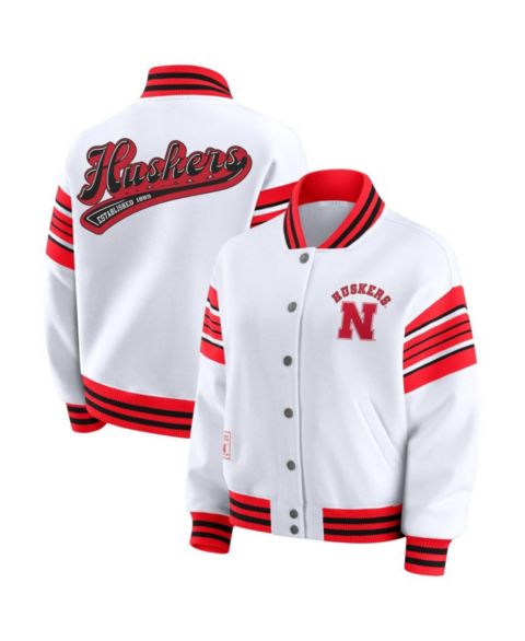 Женские худи WEAR by Erin Andrews Women's White/Scarlet Nebraska Huskers Satin Stitch Full-Snap Fleece Sweatshirt Jacket