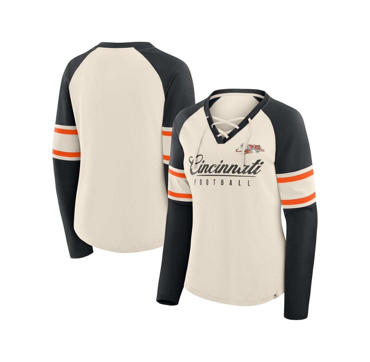 Women's Cream/Black Cincinnati Bengals Hometown Gridiron Hero Raglan Lace-Up V-Neck Long Sleeve T-Shirt