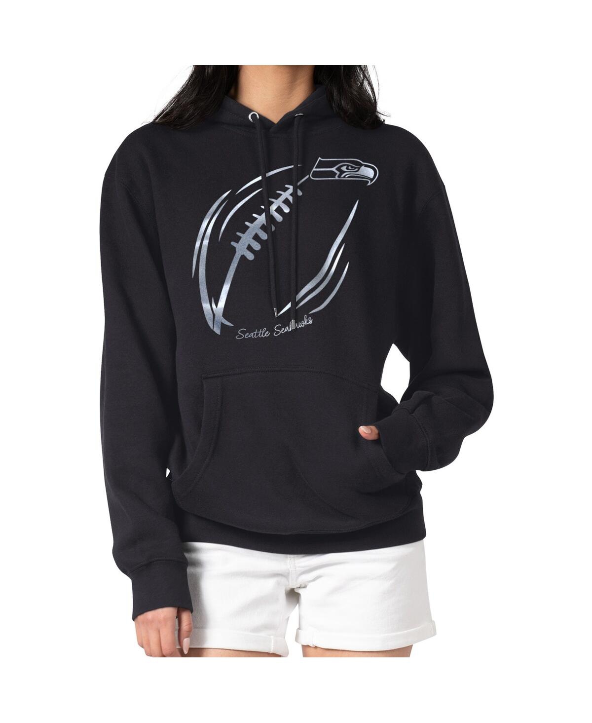G-iii 4her By Carl Banks Women's Black Seattle Seahawks Metallic Print Football Sketch Fleece Pullover Hoodie In Black