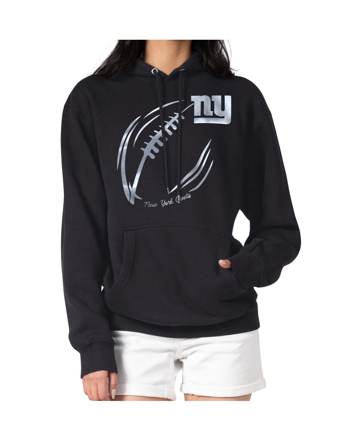G-iii 4her By Carl Banks Women's Black New York Giants Metallic Print Football Sketch Fleece Pullover Hoodie In Black