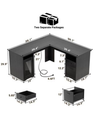 L Shaped Desk with Charging Station, Computer Desk Workstation with File Cabinet and Drawers for Office