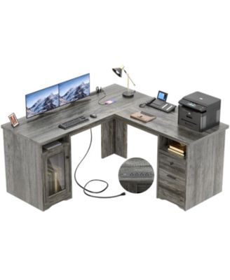 L Shaped Desk with Charging Station, Computer Desk Workstation with File Cabinet and Drawers for Office