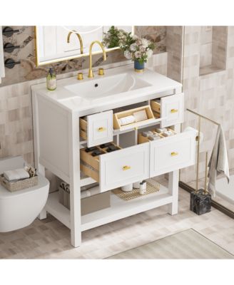 30-Inch Bathroom Vanity with Ceramic Sink Combo, Freestanding Single Vanity, 5 Drawers & Solid Wood Storage