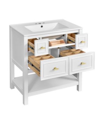 30-Inch Bathroom Vanity with Ceramic Sink Combo, Freestanding Single Vanity, 5 Drawers & Solid Wood Storage