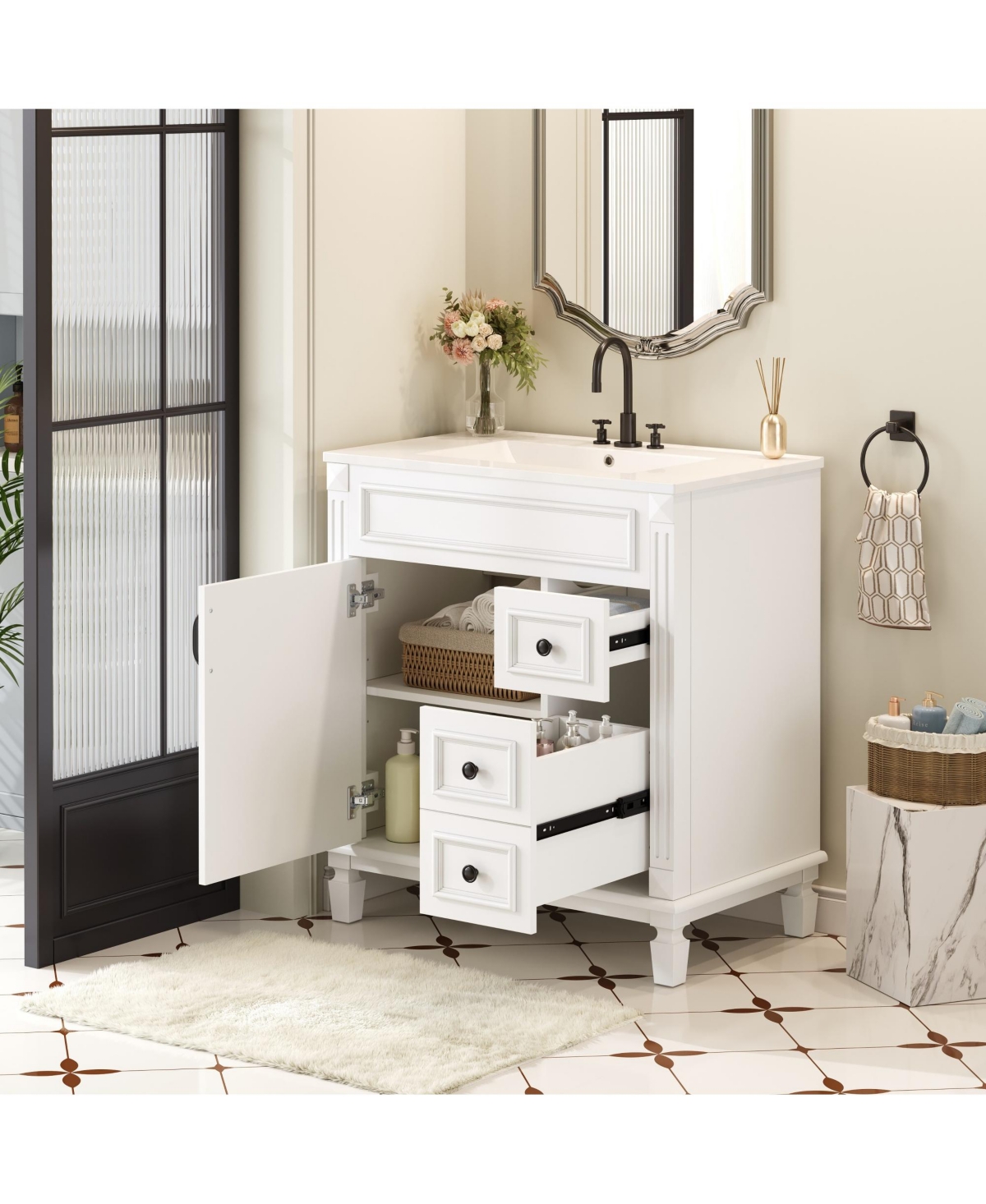 Casainc 30-Inch Bathroom Vanity with Ceramic Sink, Small Cabinet, 2 Drawers & Adjustable Storage Shelf