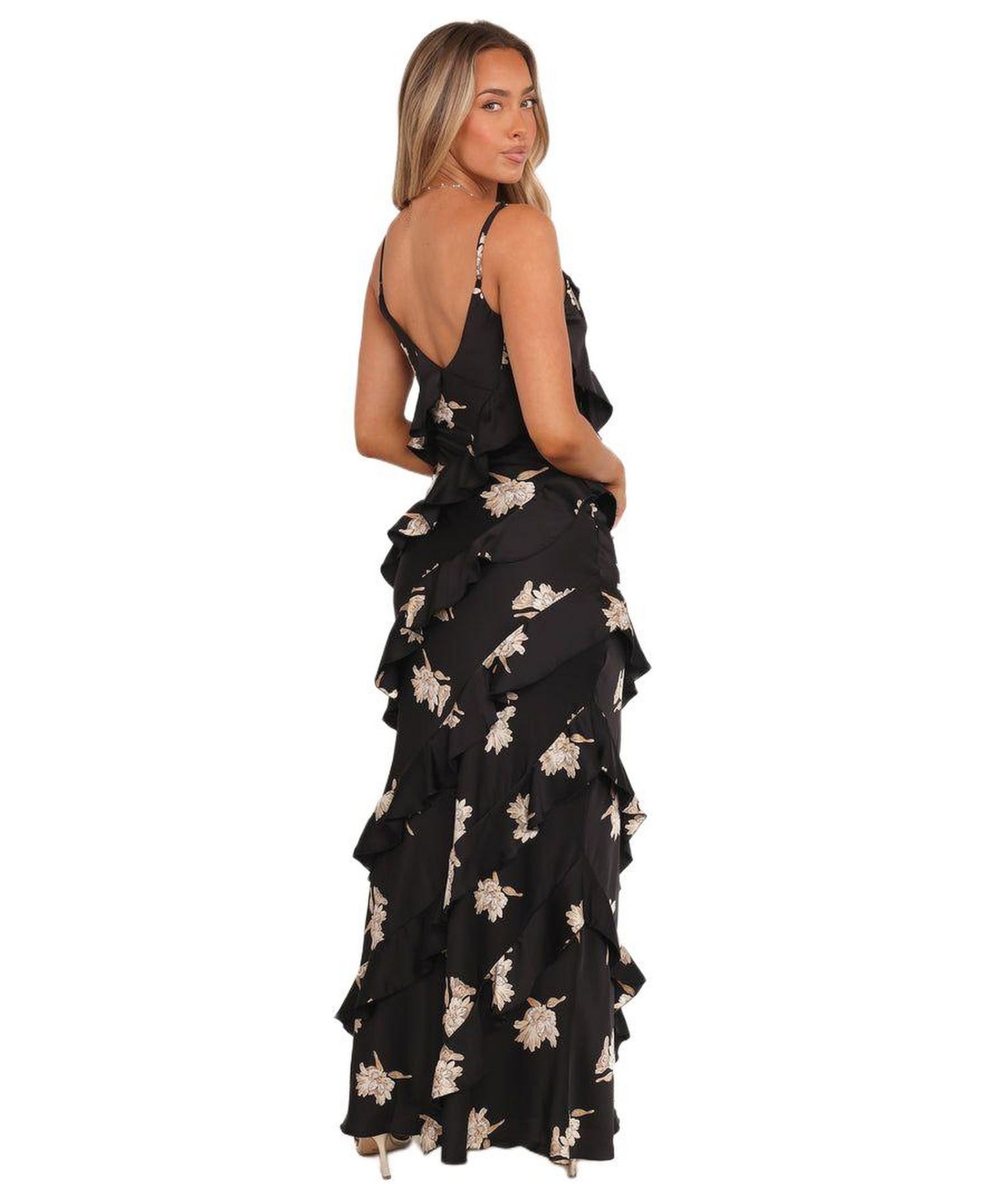 Women's Ciao Ruffles Maxi Satin Dress - Black Floral