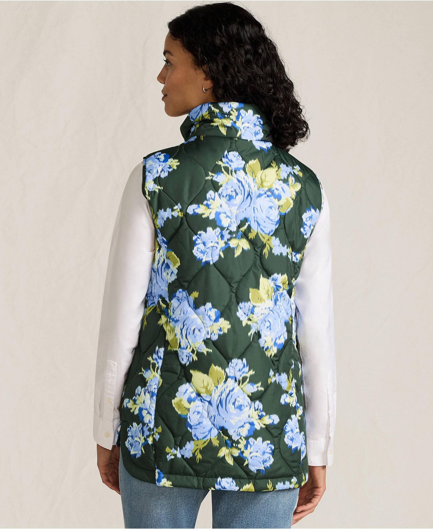 Женский жилет Lands' End Print FeatherFree Quilted Insulated Vest, цвет: Тёмно-зелёный розовый — фото 3