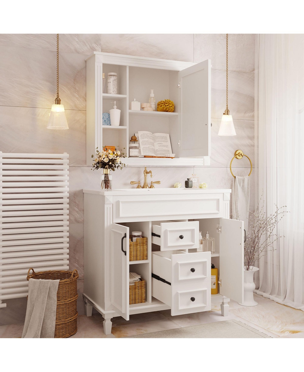 Casainc 36'' Bathroom Vanity with Top Sink, Mirror Cabinet, 2 Soft Closing Doors & Drawers