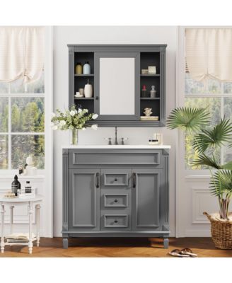 36'' Bathroom Vanity with Top Sink, Mirror Cabinet, 2 Soft Closing Doors & 2 Drawers