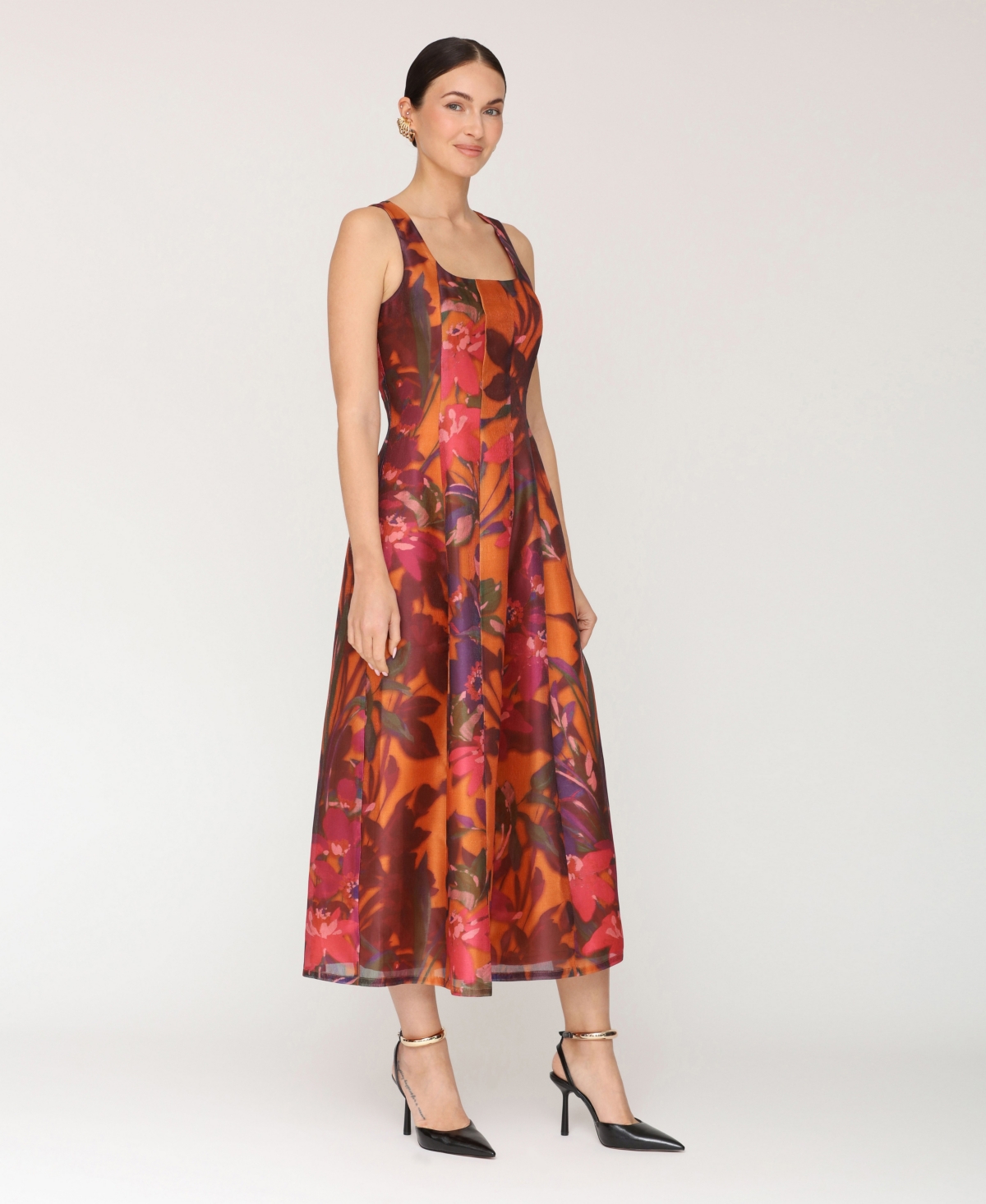 Avec Les Filles Print Sleeveless Lantern Midi Dress In Multi