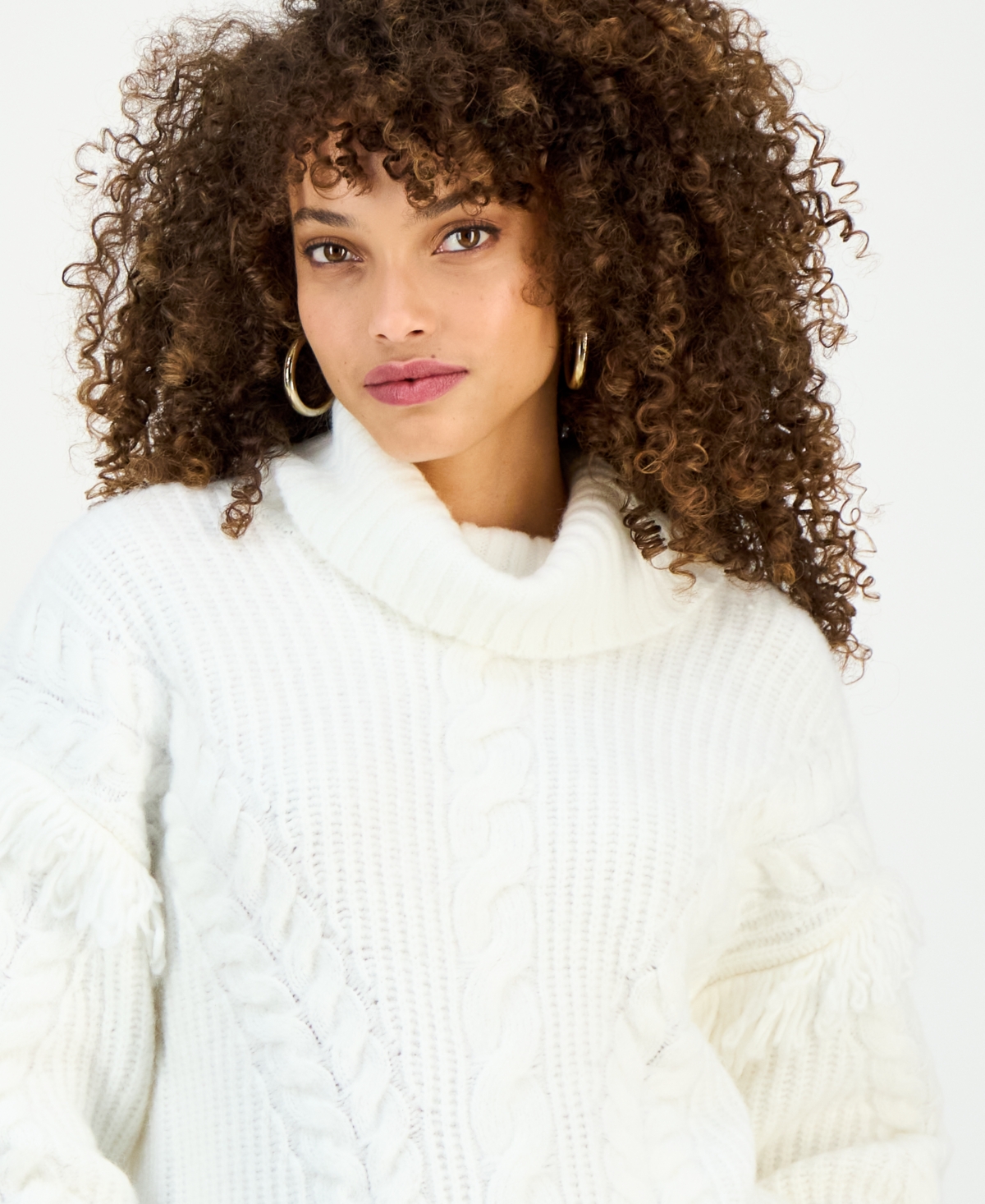 I.n.c. International Concepts Petite Fringe-Trim Cable Knit Turtleneck Sweater, Macy's Exclusive