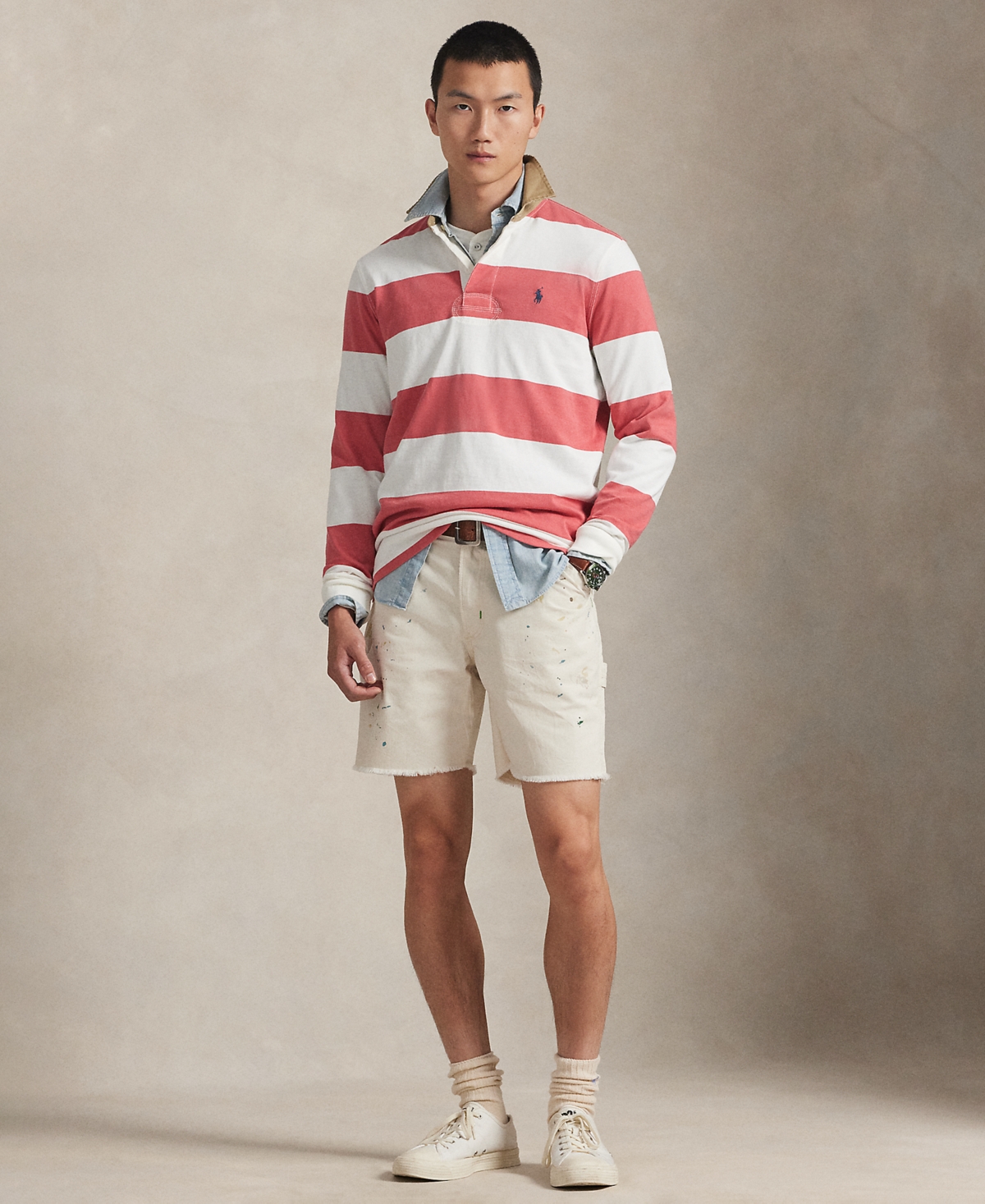 Polo Ralph Lauren Classic Fit Khaki Collar Rugby Shirt In Pink