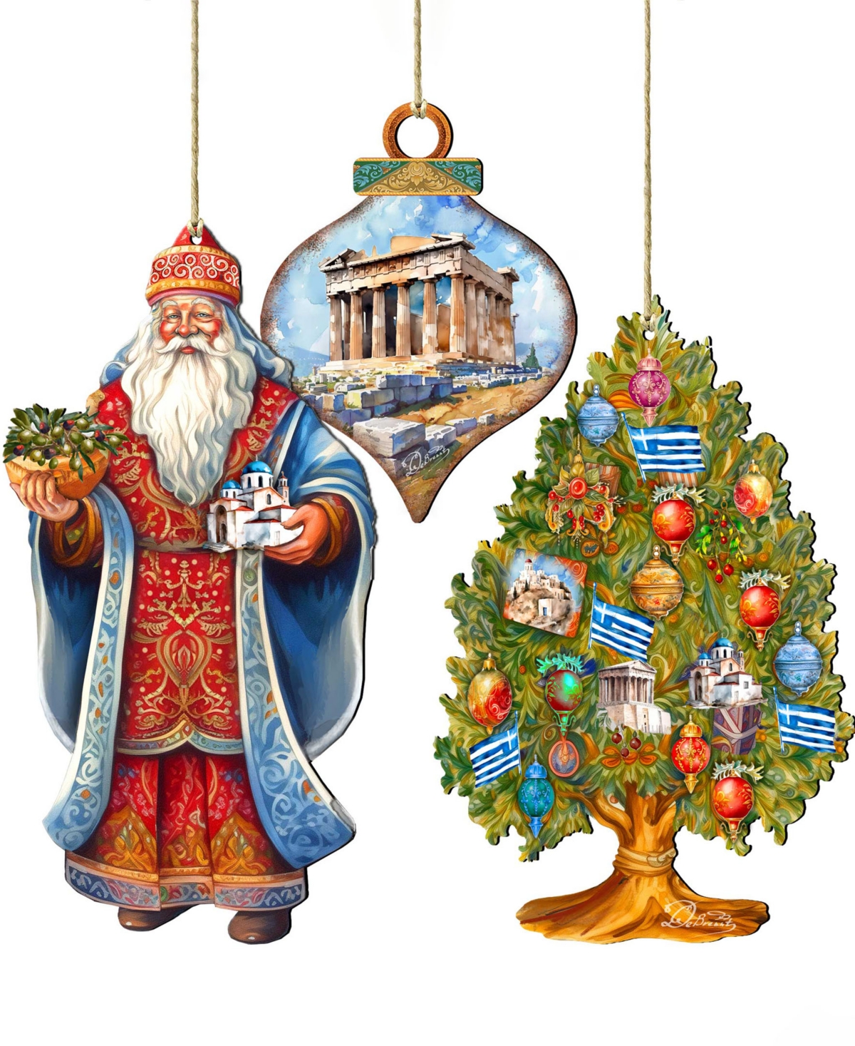Designocracy Greece Inspired Santa Ornaments, Set Of 3 In Multi