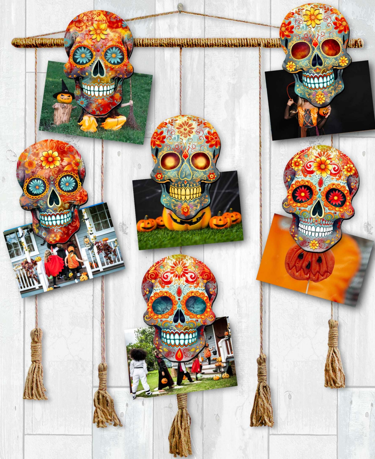 Designocracy Sugar Skulls Wood Clip-on Ornaments, Set Of 6 In Multi