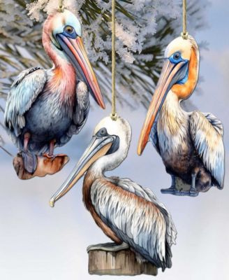 Pelicans Christmas Wooden Ornaments, Set of 3