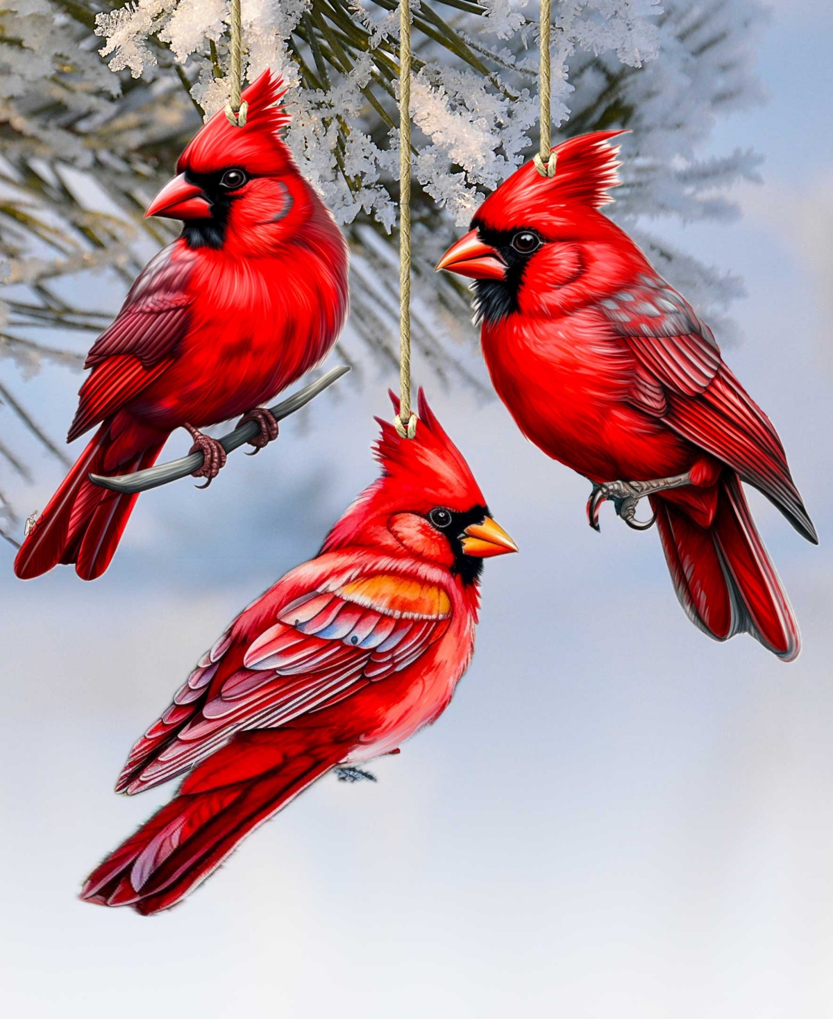 Designocracy Red Cardinals Wood Ornaments, Set Of 3 In Red