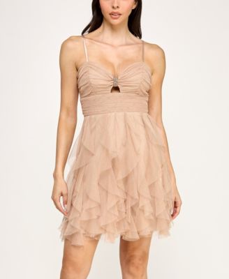 Juniors' Sleeveless Glitter Mesh Ruffle Dress