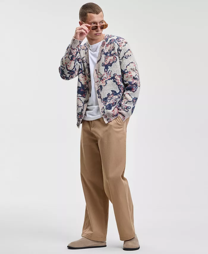 Men's Relaxed Fit Long Sleeve Abstract Floral V-Neck Cardigan Sweater - thumbnail 3
