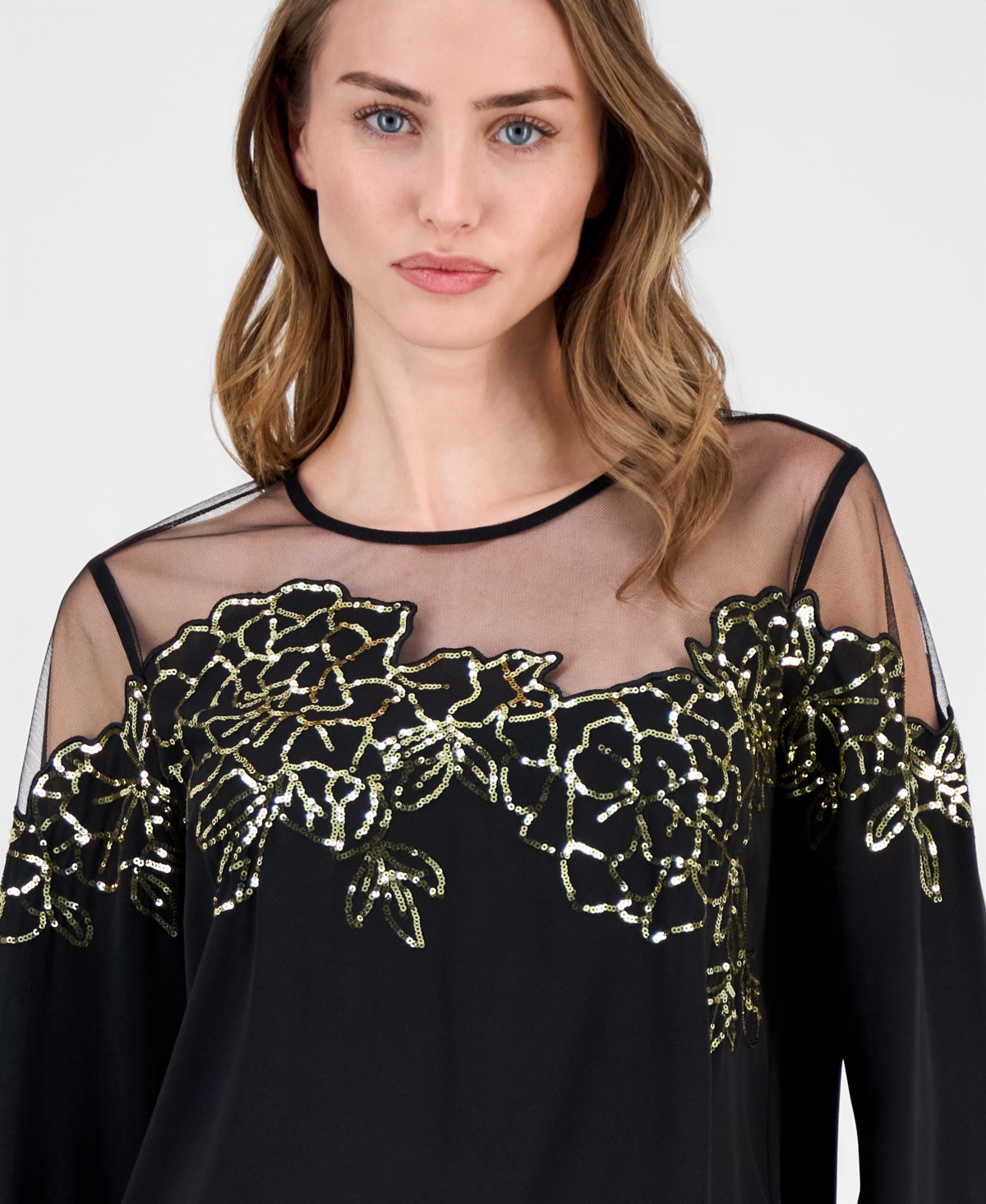 T Tahari Women's Crewneck Floral Illusion Blouse In Black