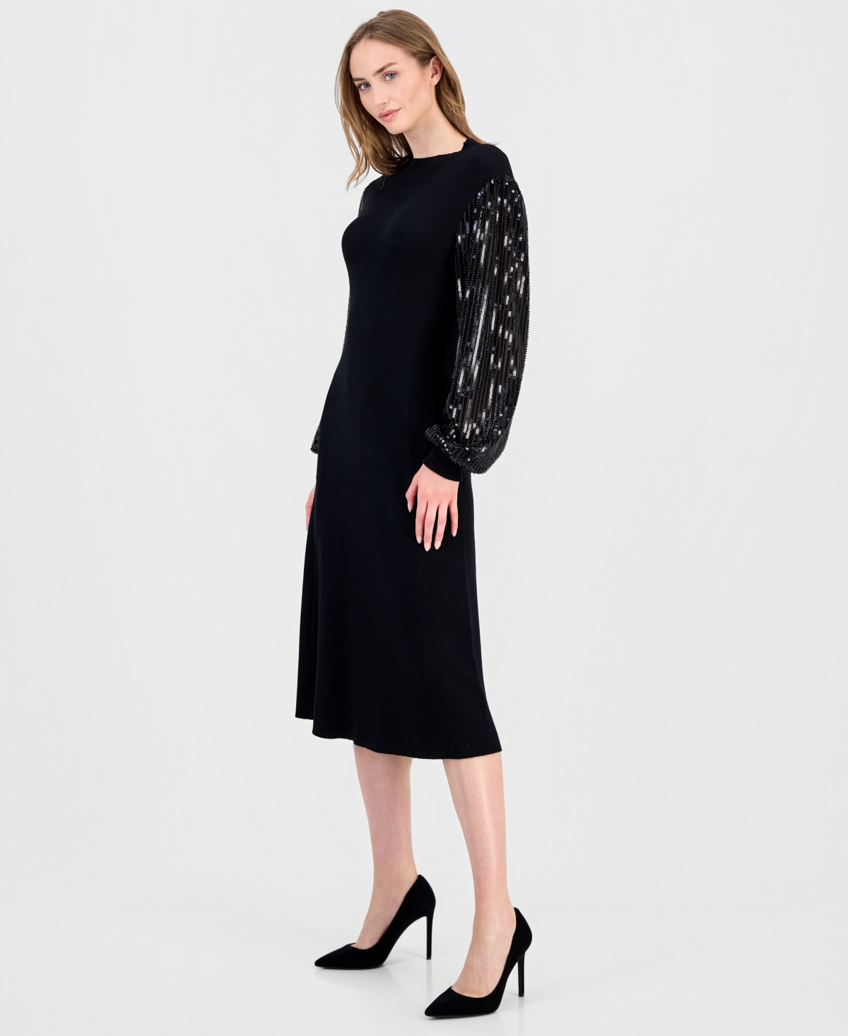 T Tahari Women's Embellished-sleeve Ribbed Dress In Black