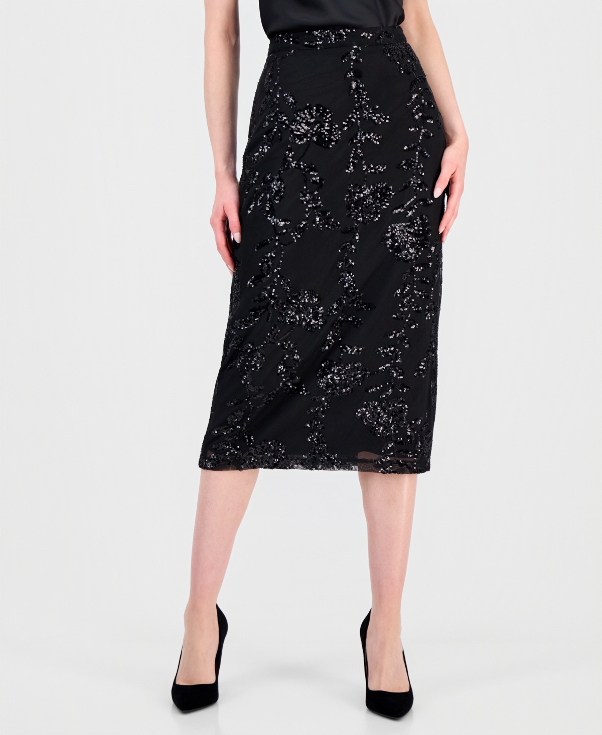 T Tahari Women's Floral Sequin Midi Skirt In Black