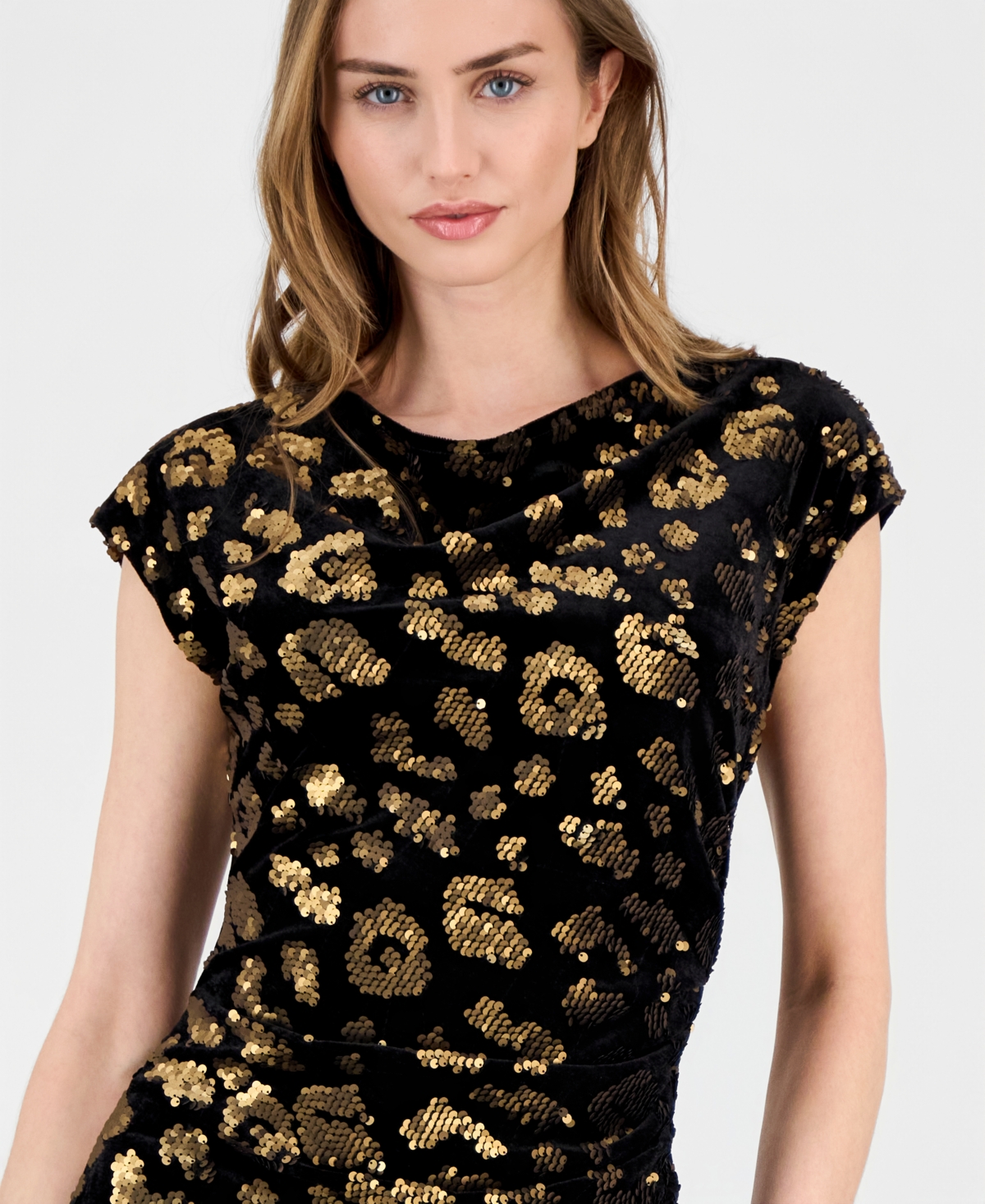 T Tahari Women's Cowl-Neck Side-Slit Sequin Midi Dress