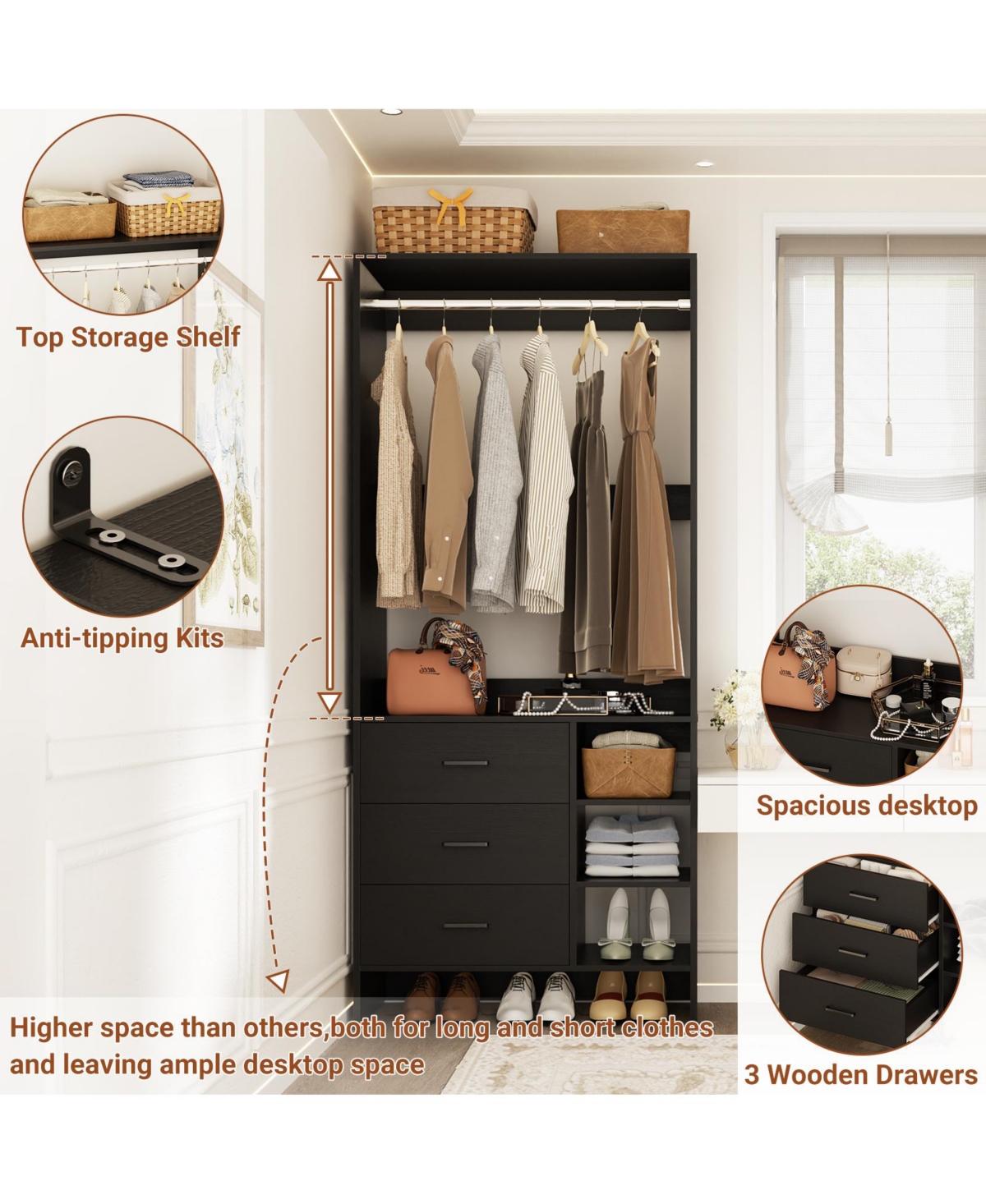 30" Freestanding Closet Organizer with Hanging Rods and Drawers, System Storage Shelves