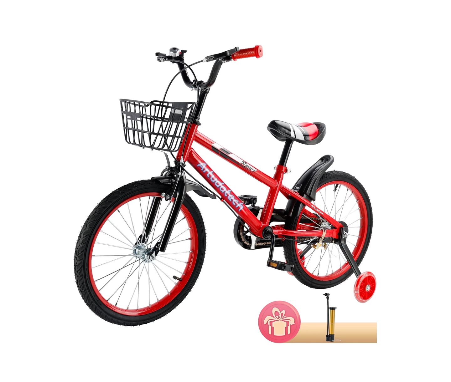 Детская игрушка Artudatech 14 Inch Kids Bike with Glowing Training Wheels, Dual Brakes & High-Carbon Steel Frame Gift for Girls and Boys Ages 3-7, цвет: Красный — фото 1