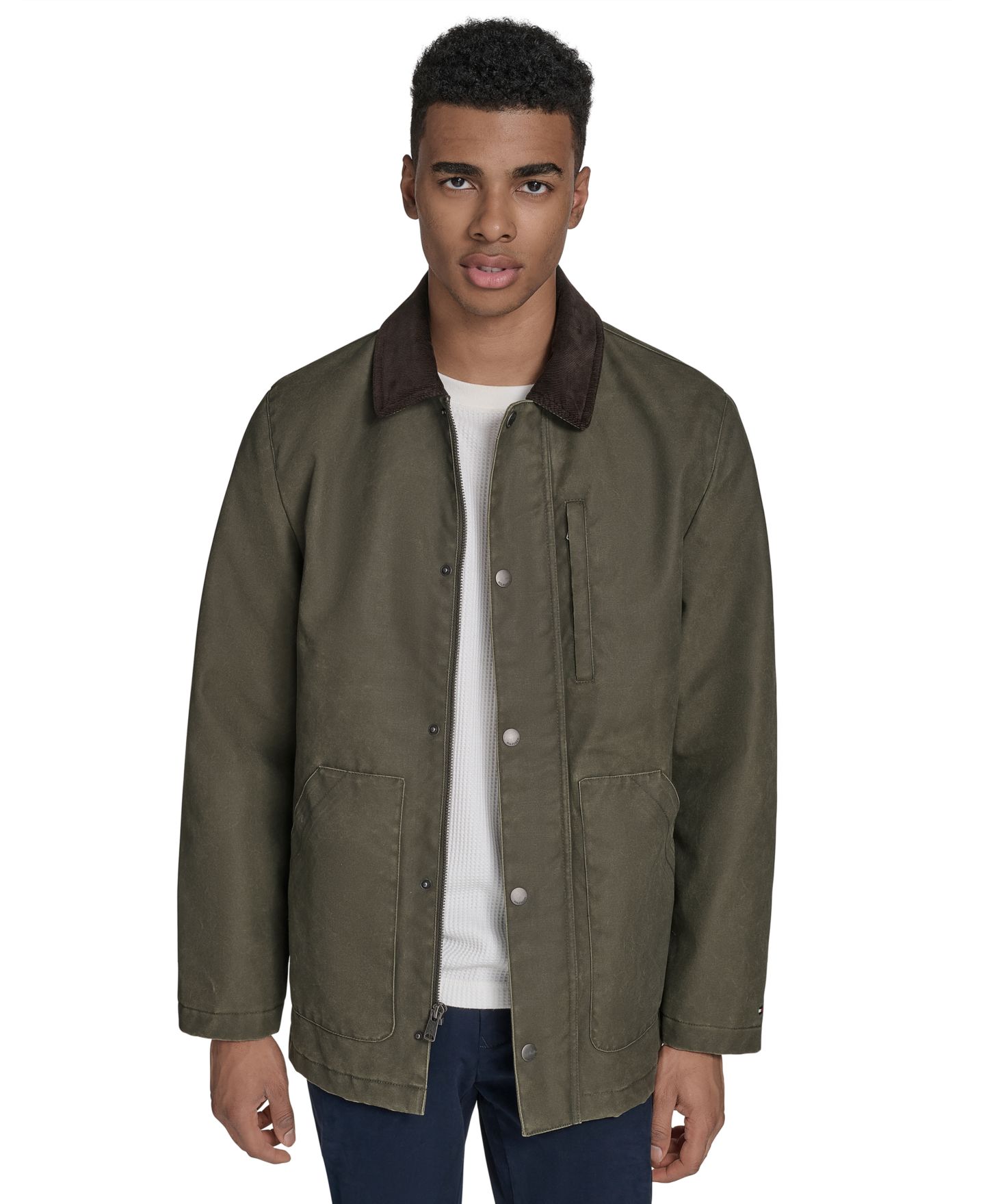 Мужское пальто Tommy Hilfiger Cotton Barn Coat with Corduroy Collar, цвет: Тёмно-зелёный ночной — фото 1
